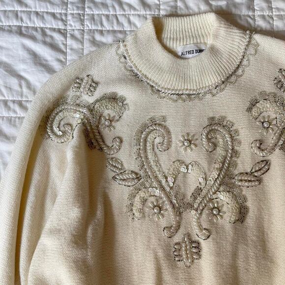 vintage mock neck embellished pearl bead knit sweater sz XL fairy christmas - Picture 5 of 8